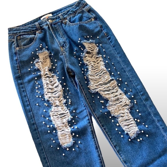High Waist Ripped Rhinestone Pearl & Silver Ball Embellished Straight Leg Jean… - Picture 8 of 10
